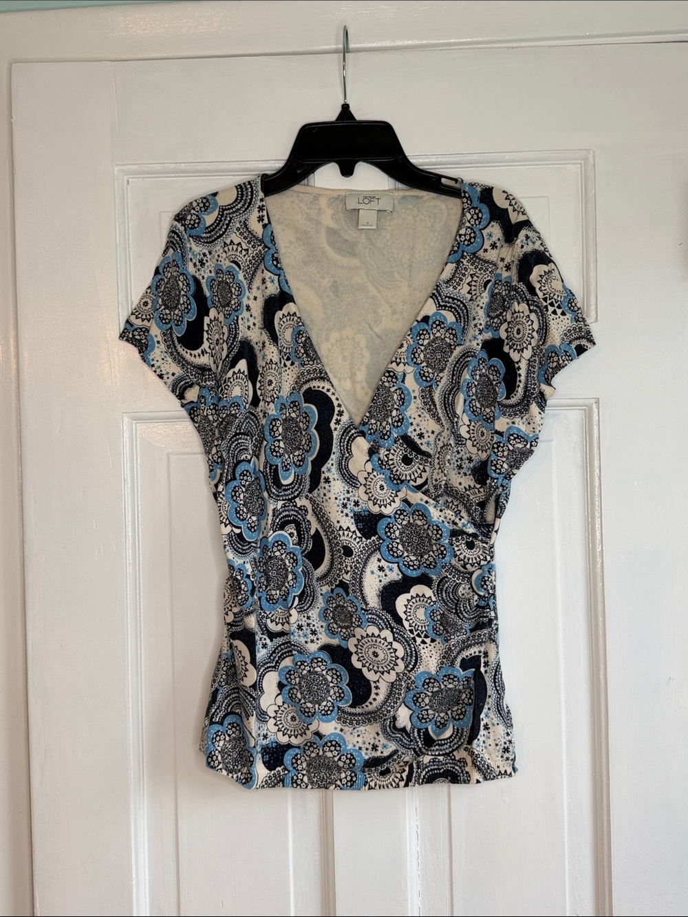 LOFT Blue and Black Paisley-Print Short Sleeve Wrap Top